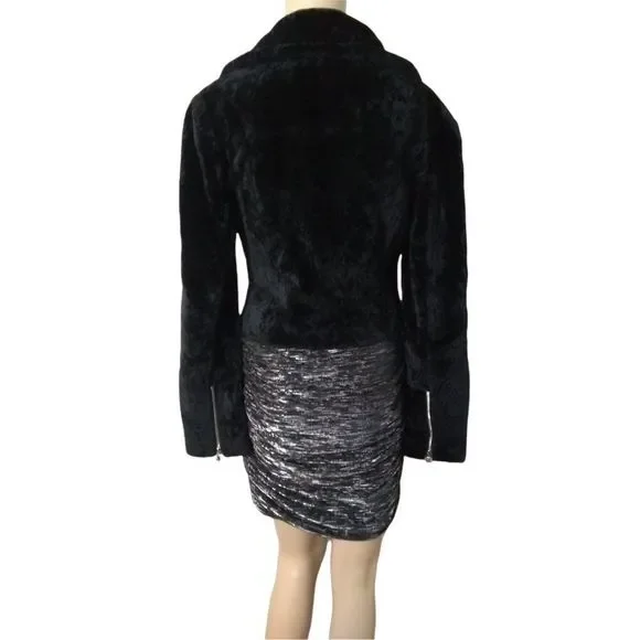 L'AGENCE Fur Moto Biker Crop Jacket Black New